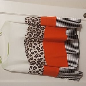 Colorblock Leopard Print Long Sleeve Tee - Orange/White